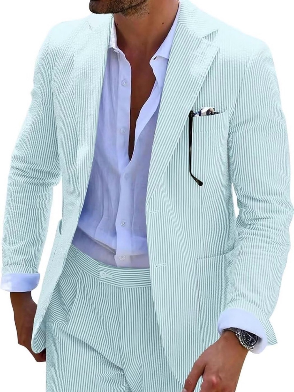 Men’s XXL Seersucker Suit 2 Piece Mint Green Stripe Blazer Pants NWOT